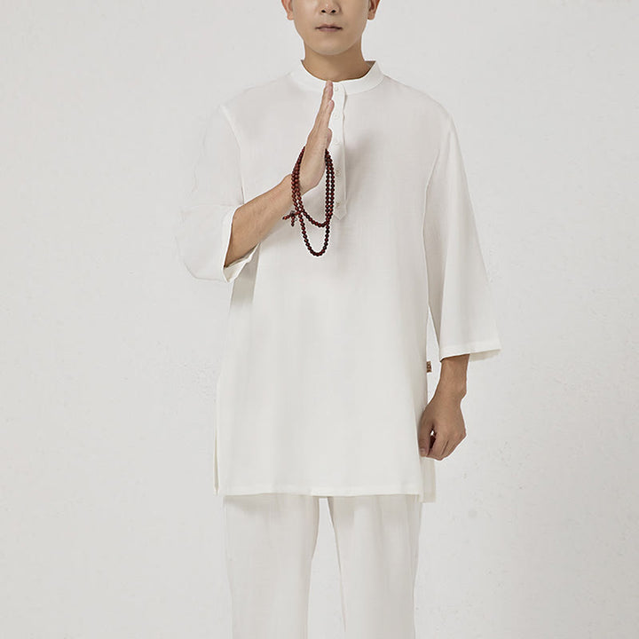 Buddha Stones Conjunto de 2 piezas de camisa de manga tres cuartos con botones para hombre, pantalones de meditación, zen, tai chi, algodón y lino - image 1