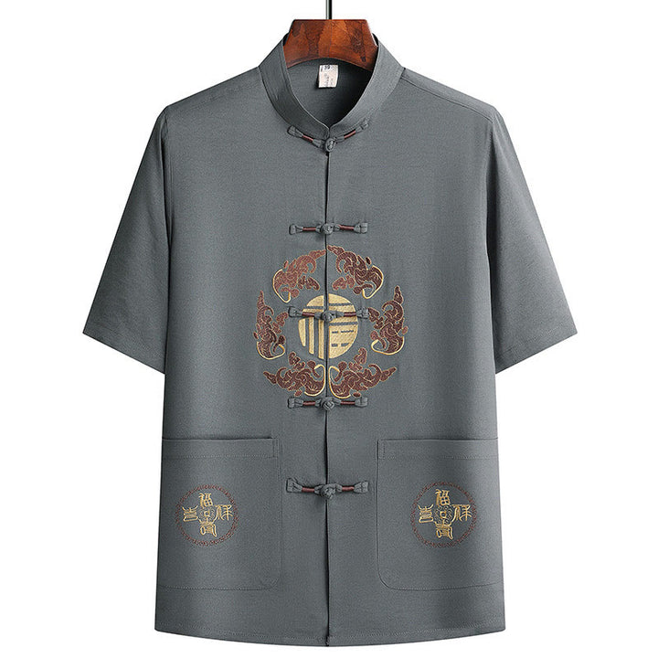 Buddha Stones Traje Tang con personaje Fu, uniforme tradicional Hanfu, camiseta de manga corta, pantalones, conjunto para hombre - image 2