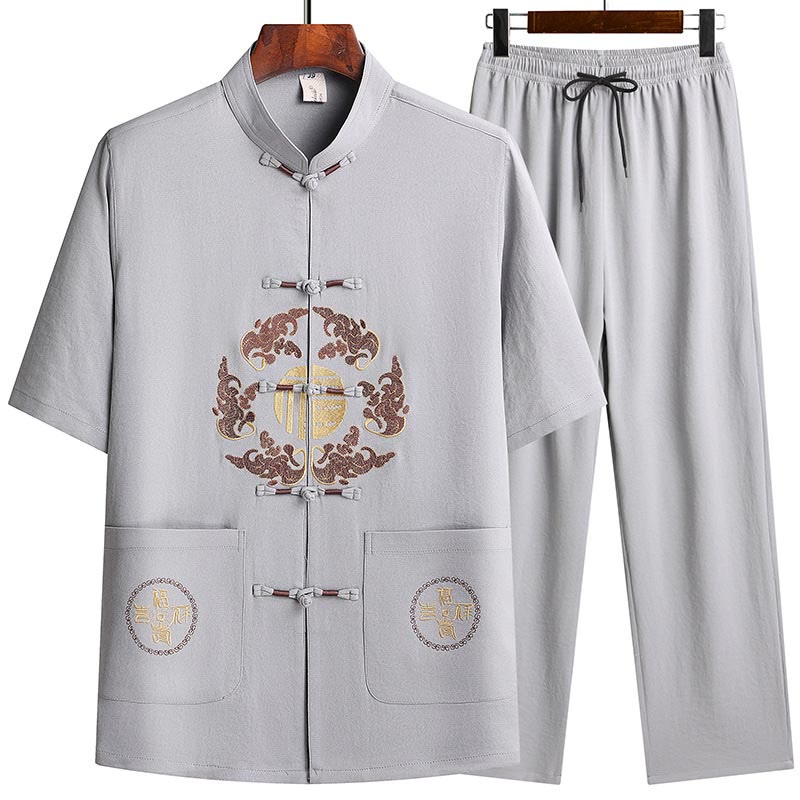 Buddha Stones Traje Tang con personaje Fu, uniforme tradicional Hanfu, camiseta de manga corta, pantalones, conjunto para hombre - image 4