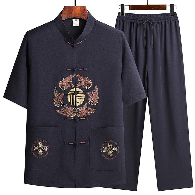 Buddha Stones Traje Tang con personaje Fu, uniforme tradicional Hanfu, camiseta de manga corta, pantalones, conjunto para hombre - Azul marino (Top y pantalones) - US/UK/AU42, EU52 (3XL)  - image 18