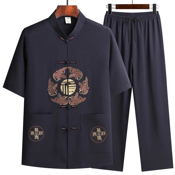 Buddha Stones Traje Tang con personaje Fu, uniforme tradicional Hanfu, camiseta de manga corta, pantalones, conjunto para hombre - Azul marino (Top y pantalones) - US/UK/AU42, EU52 (3XL)  - image 18