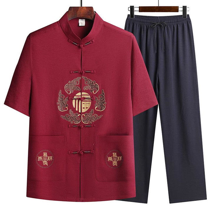 Buddha Stones Traje Tang con personaje Fu, uniforme tradicional Hanfu, camiseta de manga corta, pantalones, conjunto para hombre - Rojo (Top y pantalones) - US/UK/AU42, EU52 (3XL)  - image 21