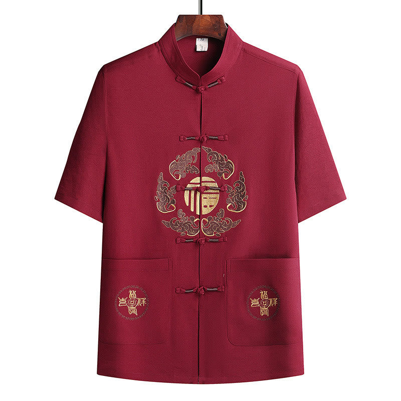 Buddha Stones Traje Tang con personaje Fu, uniforme tradicional Hanfu, camiseta de manga corta, pantalones, conjunto para hombre - image 22