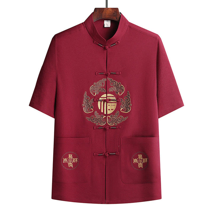 Buddha Stones Traje Tang con personaje Fu, uniforme tradicional Hanfu, camiseta de manga corta, pantalones, conjunto para hombre - image 22