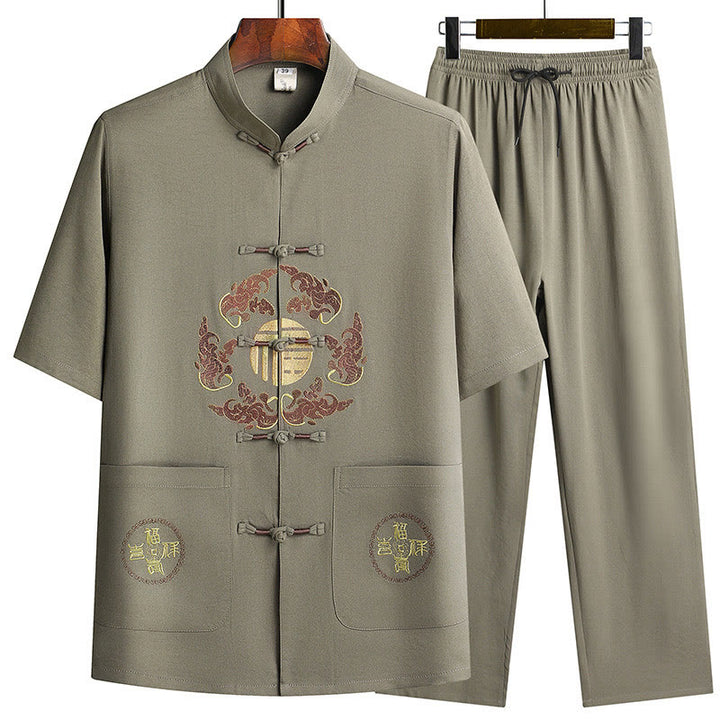 Buddha Stones Traje Tang con personaje Fu, uniforme tradicional Hanfu, camiseta de manga corta, pantalones, conjunto para hombre - Verde militar (top y pantalones) - US/UK/AU42, EU52 (3XL)  - image 24