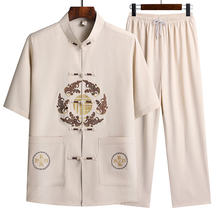 Buddha Stones Traje Tang con personaje Fu, uniforme tradicional Hanfu, camiseta de manga corta, pantalones, conjunto para hombre - Blanco (Top y pantalones) - US/UK/AU42, EU52 (3XL)  - image 27