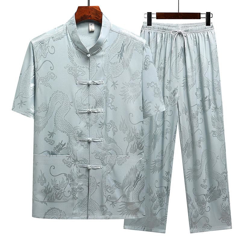 Buddha Stones Traje Tang con estampado de dragón, uniforme tradicional Hanfu, camiseta de manga corta, pantalones, conjunto para hombre - Gris Azul (Top y Pantalones) - US/UK/AU44, EU54 (4XL) - image 0