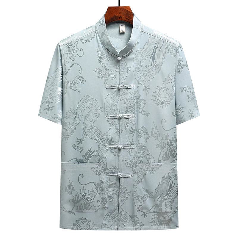 Buddha Stones Traje Tang con estampado de dragón, uniforme tradicional Hanfu, camiseta de manga corta, pantalones, conjunto para hombre - image 2