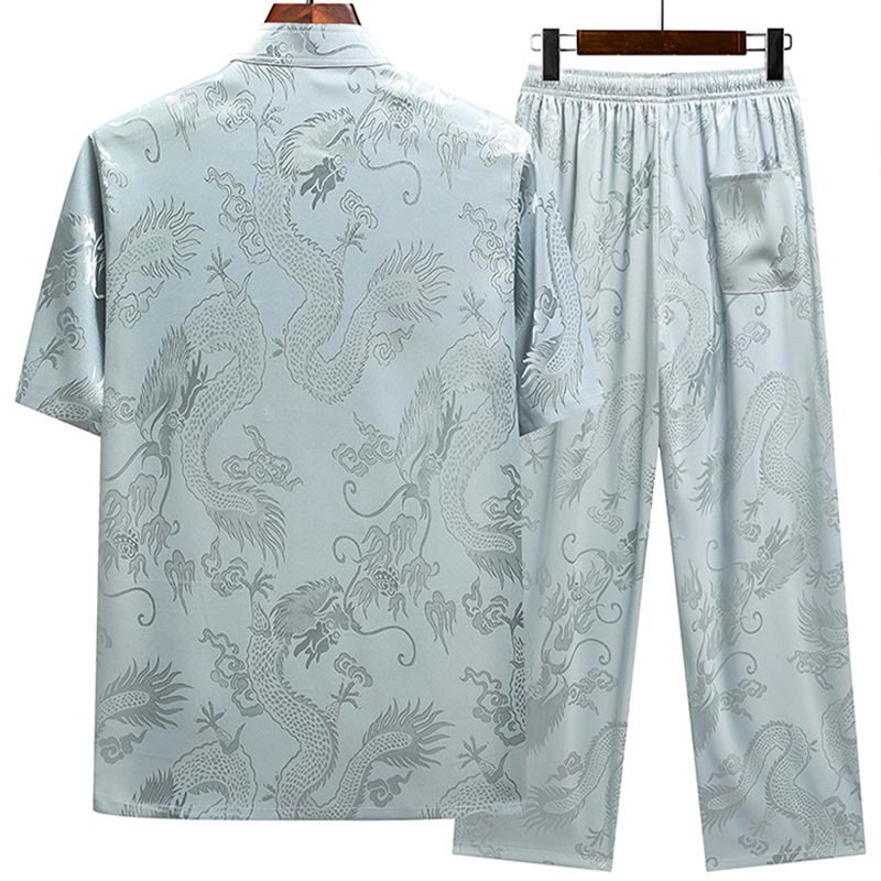 Buddha Stones Traje Tang con estampado de dragón, uniforme tradicional Hanfu, camiseta de manga corta, pantalones, conjunto para hombre - image 1