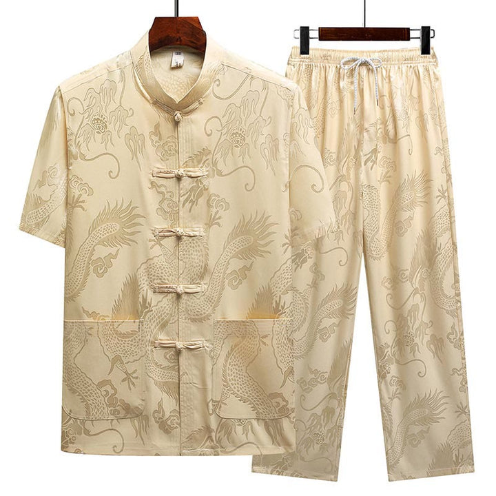 Buddha Stones Traje Tang con estampado de dragón, uniforme tradicional Hanfu, camiseta de manga corta, pantalones, conjunto para hombre - Beige (Top y pantalones) - US/UK/AU44, EU54 (4XL) - image 13
