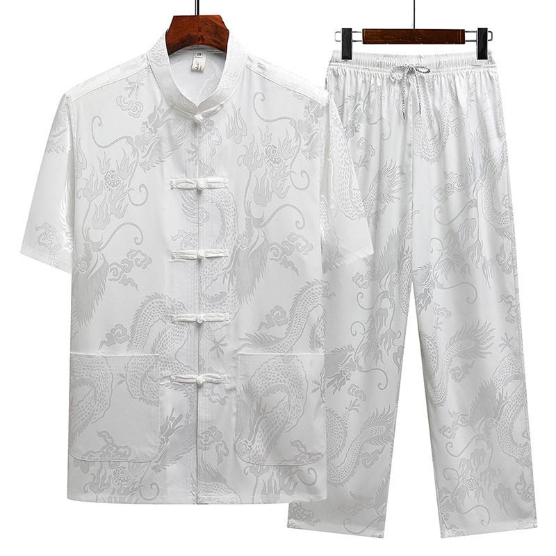 Buddha Stones Traje Tang con estampado de dragón, uniforme tradicional Hanfu, camiseta de manga corta, pantalones, conjunto para hombre - Blanco (Top y pantalones) - US/UK/AU44, EU54 (4XL) - image 16
