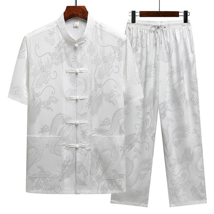 Buddha Stones Traje Tang con estampado de dragón, uniforme tradicional Hanfu, camiseta de manga corta, pantalones, conjunto para hombre - Blanco (Top y pantalones) - US/UK/AU44, EU54 (4XL) - image 16