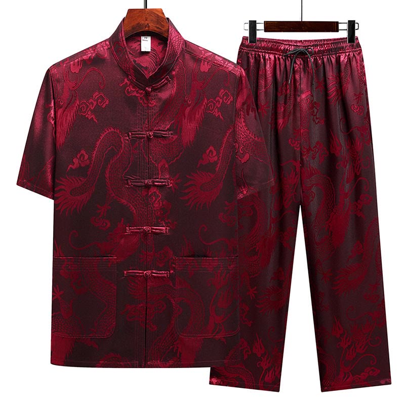 Buddha Stones Traje Tang con estampado de dragón, uniforme tradicional Hanfu, camiseta de manga corta, pantalones, conjunto para hombre - Rojo (Top y pantalones) - US/UK/AU44, EU54 (4XL) - image 19