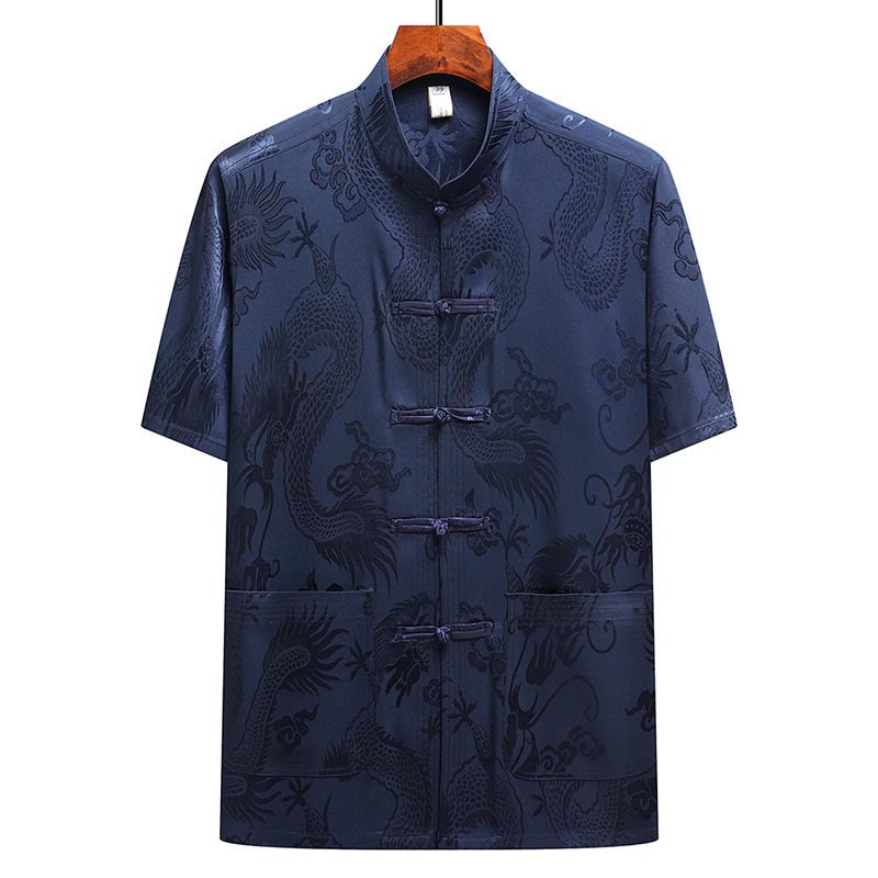 Buddha Stones Traje Tang con estampado de dragón, uniforme tradicional Hanfu, camiseta de manga corta, pantalones, conjunto para hombre - image 24