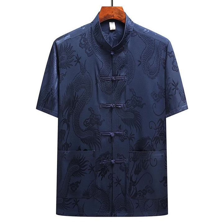 Buddha Stones Traje Tang con estampado de dragón, uniforme tradicional Hanfu, camiseta de manga corta, pantalones, conjunto para hombre - image 24