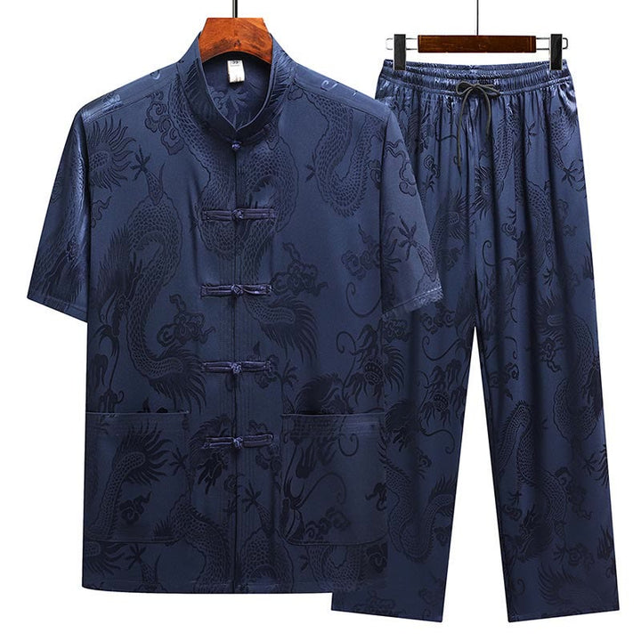 Buddha Stones Traje Tang con estampado de dragón, uniforme tradicional Hanfu, camiseta de manga corta, pantalones, conjunto para hombre - Azul marino (Top y pantalones) - US/UK/AU44, EU54 (4XL) - image 22