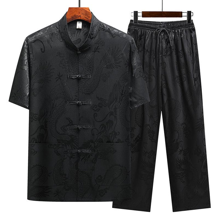 Buddha Stones Traje Tang con estampado de dragón, uniforme tradicional Hanfu, camiseta de manga corta, pantalones, conjunto para hombre - Negro (Top y pantalones) - US/UK/AU44, EU54 (4XL) - image 25