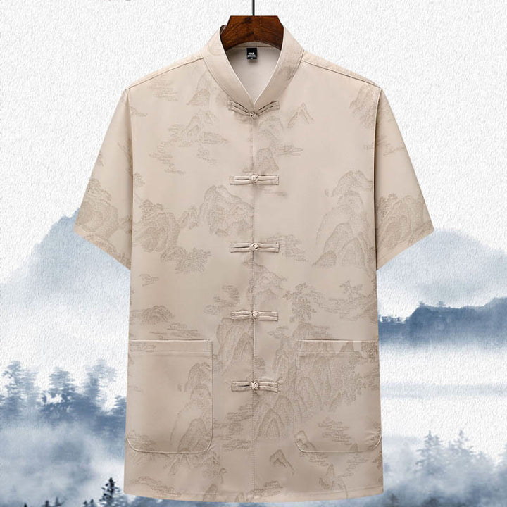 Traje Tang con Buddha Stones , montañas y árboles, uniforme tradicional Hanfu, camiseta de manga corta, pantalones, ropa para hombre - Beige - Arriba - US/UK/AU42, EU52 (3XL)  - image 2