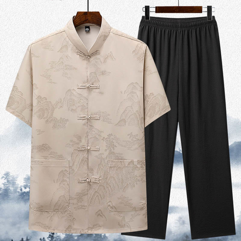 Traje Tang con Buddha Stones , montañas y árboles, uniforme tradicional Hanfu, camiseta de manga corta, pantalones, ropa para hombre - Beige - Top y pantalón - US/UK/AU42, EU52 (3XL)  - image 0