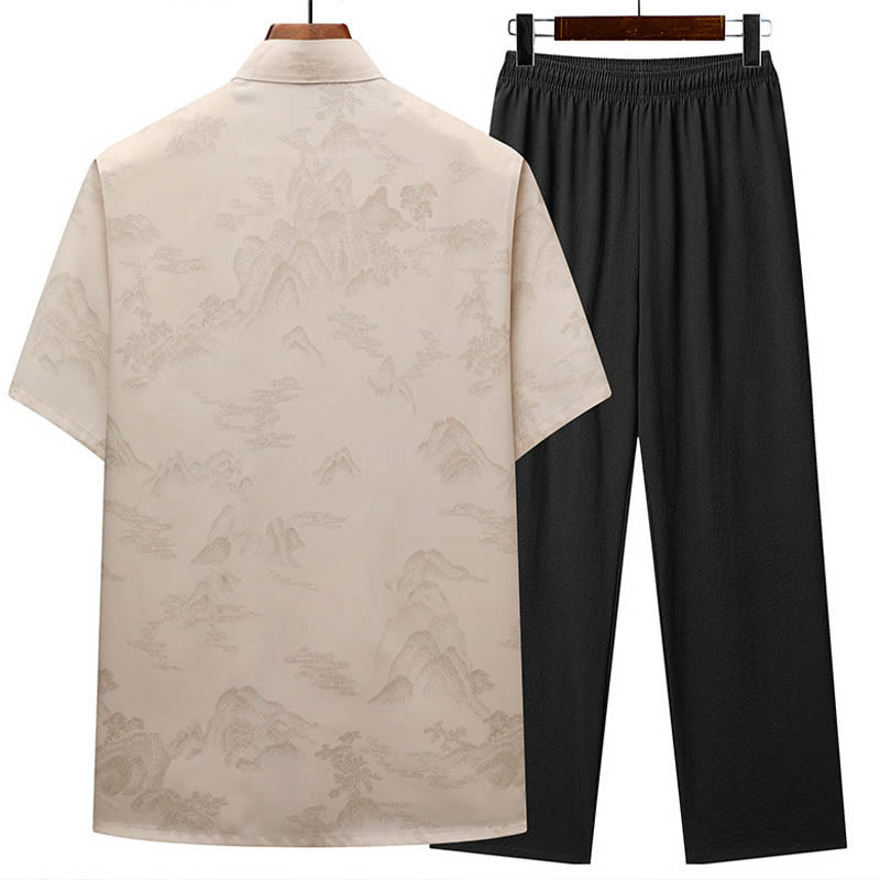 Traje Tang con Buddha Stones , montañas y árboles, uniforme tradicional Hanfu, camiseta de manga corta, pantalones, ropa para hombre - image 1