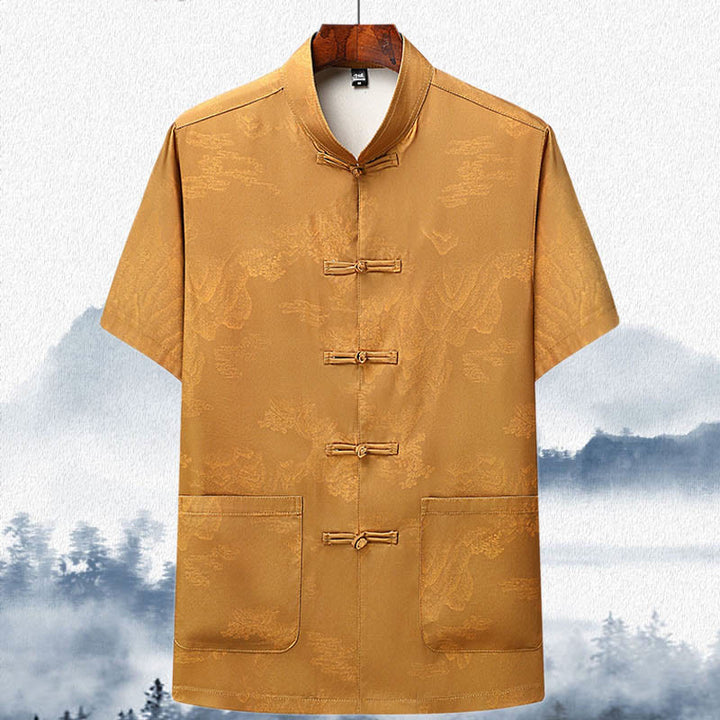 Traje Tang con Buddha Stones , montañas y árboles, uniforme tradicional Hanfu, camiseta de manga corta, pantalones, ropa para hombre - Amarillo - Arriba - US/UK/AU42, EU52 (3XL)  - image 13