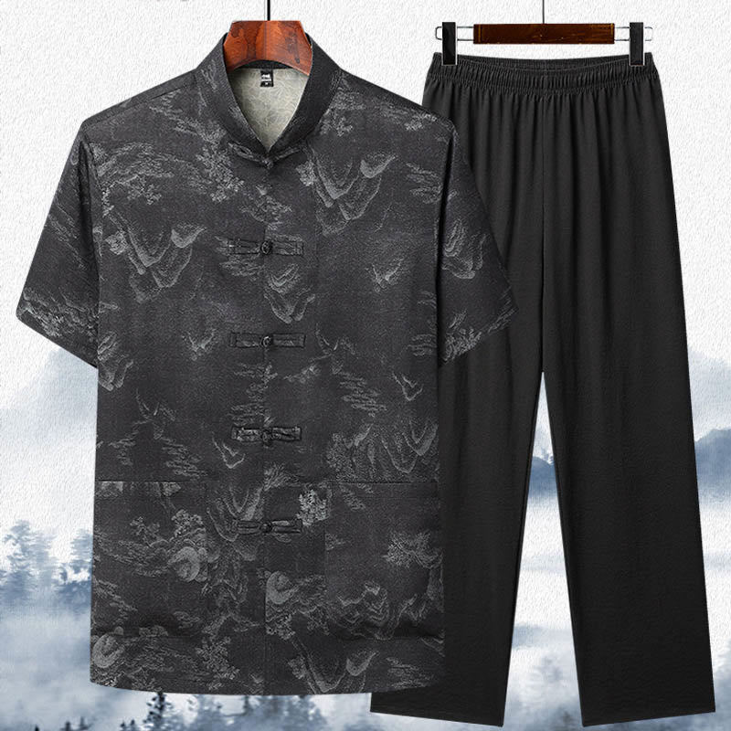 Traje Tang con Buddha Stones , montañas y árboles, uniforme tradicional Hanfu, camiseta de manga corta, pantalones, ropa para hombre - Negro - Top y pantalones - US/UK/AU42, EU52 (3XL)  - image 11