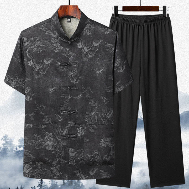 Traje Tang con Buddha Stones , montañas y árboles, uniforme tradicional Hanfu, camiseta de manga corta, pantalones, ropa para hombre - Negro - Top y pantalones - US/UK/AU42, EU52 (3XL)  - image 11