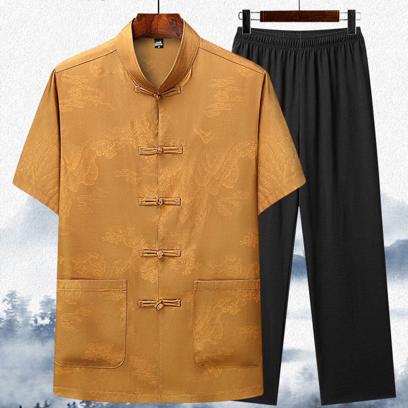 Traje Tang con Buddha Stones , montañas y árboles, uniforme tradicional Hanfu, camiseta de manga corta, pantalones, ropa para hombre - Amarillo - Top y pantalón - US/UK/AU42, EU52 (3XL)  - image 12