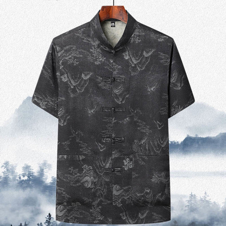 Traje Tang con Buddha Stones , montañas y árboles, uniforme tradicional Hanfu, camiseta de manga corta, pantalones, ropa para hombre - Negro - Arriba - US/UK/AU42, EU52 (3XL)  - image 12