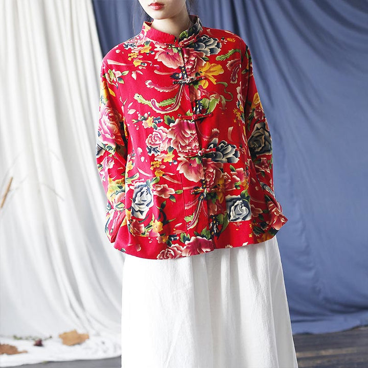 Buddha Stones Camisa de lino y algodón de manga larga con botones de rana y flores rojas de peonía étnicas y bolsillos - image 15