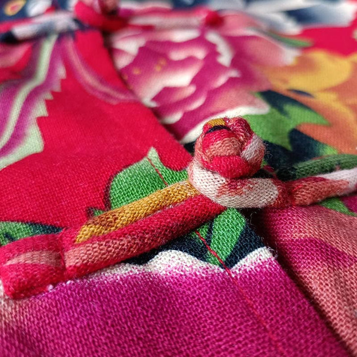 Buddha Stones Camisa de lino y algodón de manga larga con botones de rana y flores rojas de peonía étnicas y bolsillos - image 10