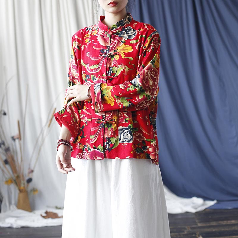Buddha Stones Camisa de lino y algodón de manga larga con botones de rana y flores rojas de peonía étnicas y bolsillos - image 17