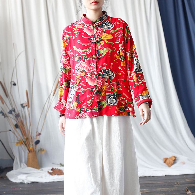 Buddha Stones Camisa de lino y algodón de manga larga con botones de rana y flores rojas de peonía étnicas y bolsillos - image 18