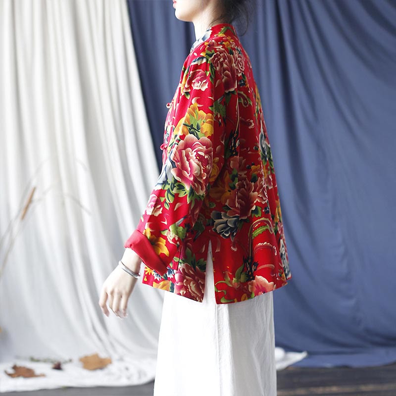Buddha Stones Camisa de lino y algodón de manga larga con botones de rana y flores rojas de peonía étnicas y bolsillos - image 4