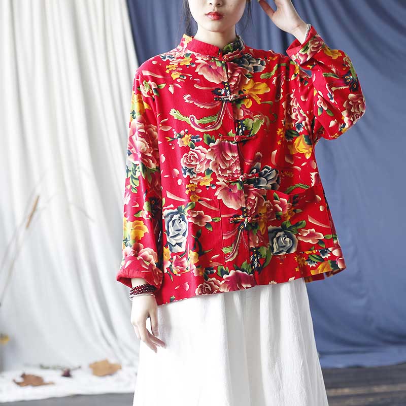 Buddha Stones Camisa de lino y algodón de manga larga con botones de rana y flores rojas de peonía étnicas y bolsillos - image 5