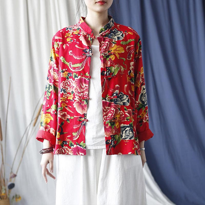 Buddha Stones Camisa de lino y algodón de manga larga con botones de rana y flores rojas de peonía étnicas y bolsillos - US4-8/10, UK/AU8-12/14, EU36-40/42 (F)-(Solo chaqueta) - image 0