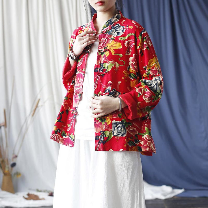 Buddha Stones Camisa de lino y algodón de manga larga con botones de rana y flores rojas de peonía étnicas y bolsillos - image 1