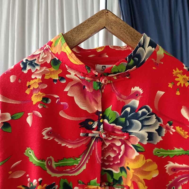 Buddha Stones Camisa de lino y algodón de manga larga con botones de rana y flores rojas de peonía étnicas y bolsillos - image 6