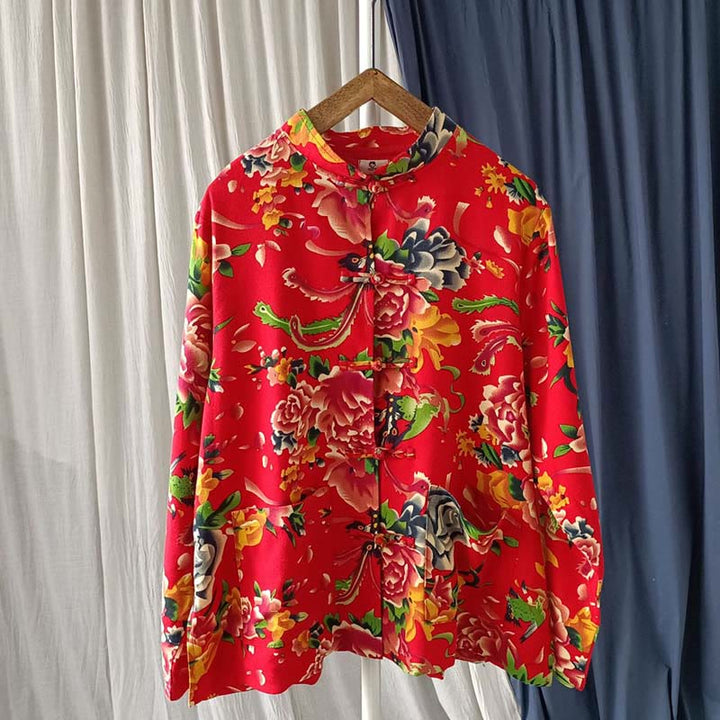 Buddha Stones Camisa de lino y algodón de manga larga con botones de rana y flores rojas de peonía étnicas y bolsillos - image 16