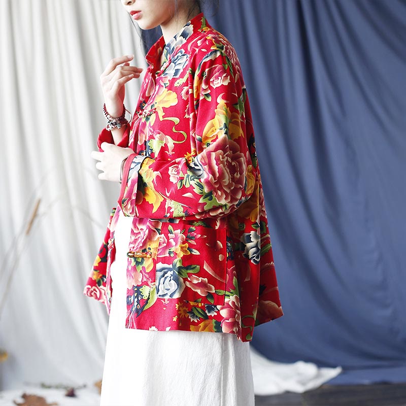 Buddha Stones Camisa de lino y algodón de manga larga con botones de rana y flores rojas de peonía étnicas y bolsillos - image 3