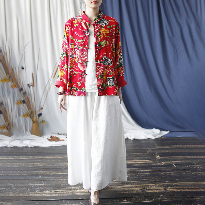 Buddha Stones Camisa de lino y algodón de manga larga con botones de rana y flores rojas de peonía étnicas y bolsillos - image 19