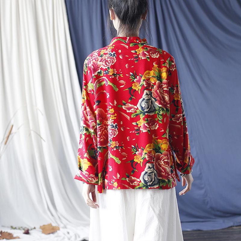Buddha Stones Camisa de lino y algodón de manga larga con botones de rana y flores rojas de peonía étnicas y bolsillos - image 2