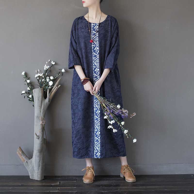 Buddha Stones Vestido midi de algodón con mangas tres cuartos y bolsillos, bordado de flores azules en jacquard. - image 15