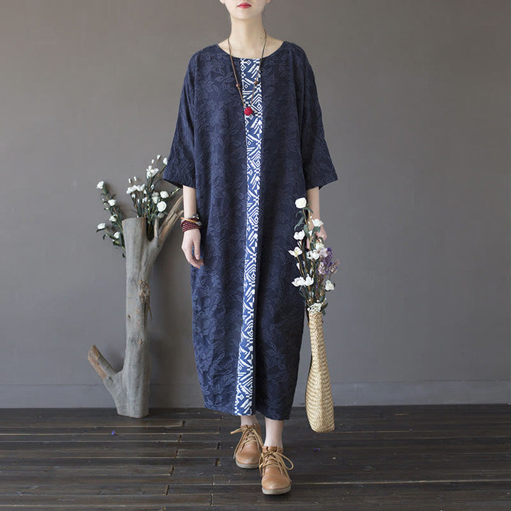 Buddha Stones Vestido midi de algodón con mangas tres cuartos y bolsillos, bordado de flores azules en jacquard. - image 17
