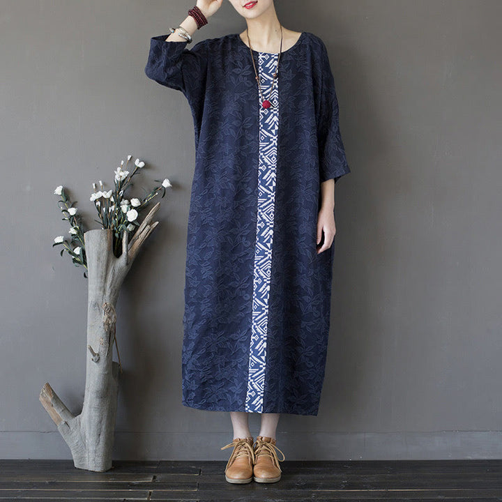 Buddha Stones Vestido midi de algodón con mangas tres cuartos y bolsillos, bordado de flores azules en jacquard. - image 4