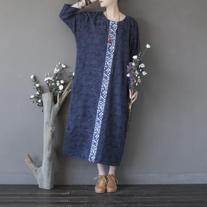 Buddha Stones Vestido midi de algodón con mangas tres cuartos y bolsillos, bordado de flores azules en jacquard. - image 18