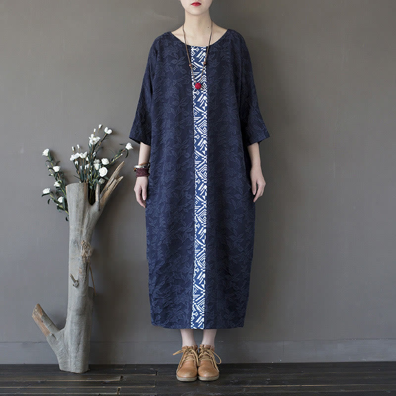 Buddha Stones Vestido midi de algodón con mangas tres cuartos y bolsillos, bordado de flores azules en jacquard. - image 16