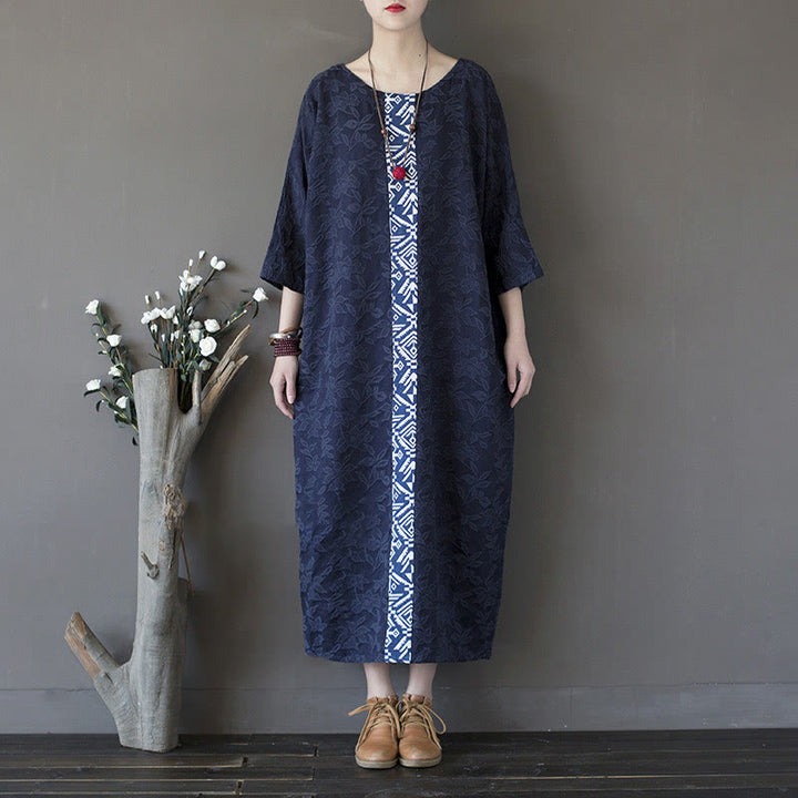 Buddha Stones Vestido midi de algodón con mangas tres cuartos y bolsillos, bordado de flores azules en jacquard. - image 16
