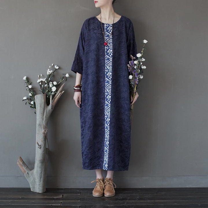 Buddha Stones Vestido midi de algodón con mangas tres cuartos y bolsillos, bordado de flores azules en jacquard. - image 14