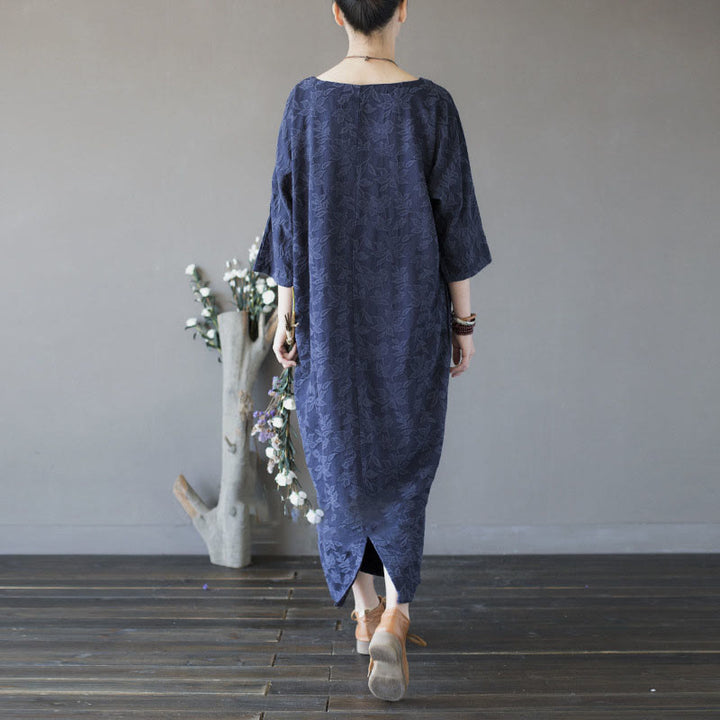 Buddha Stones Vestido midi de algodón con mangas tres cuartos y bolsillos, bordado de flores azules en jacquard. - image 3